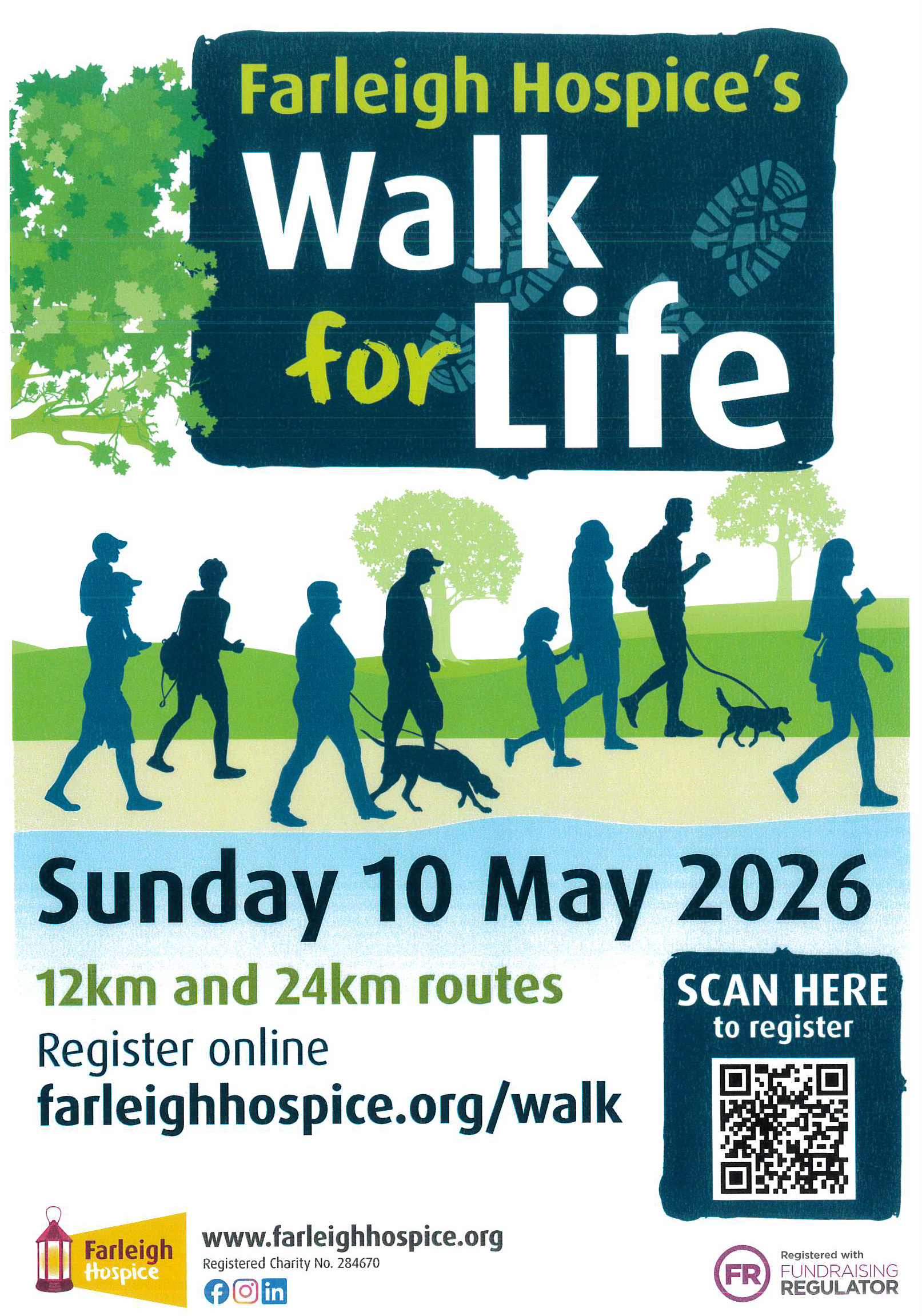 Farleigh's Hospice Walk for Life. Sunday 10th May 2026. 12k and 24k routes. Register online farleighhospice.org/walk